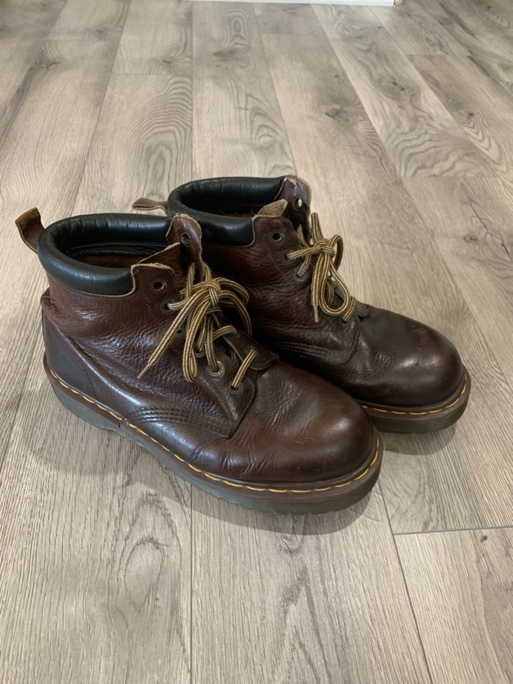 Dr. Martens Brown Leather Lace-Up Ankle Boots with Yellow Stitching